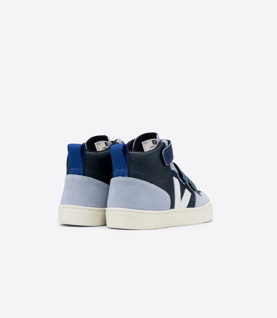 Veja V-10 Mid Chromefree Läder Multico Nautico Menthol Kids Outlet Svarta Blå | USEND65029