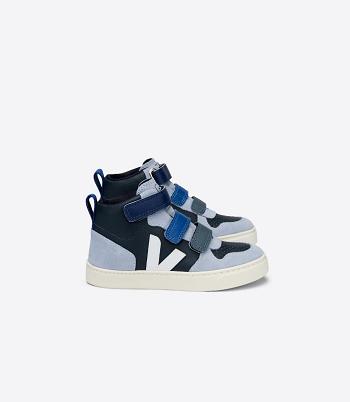 Veja V-10 Mid Chromefree Läder Multico Nautico Menthol Kids Outlet Svarta Blå | USEND65029